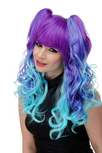 Lady Cosplay Quality Wig long + 2 removable ponytails pigtails curled bangs ombre blue turquois mix