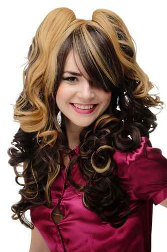 Lady Quality Wig & 2 removable ponytails pigtails set long wavy curls brown blond strands Gothic
