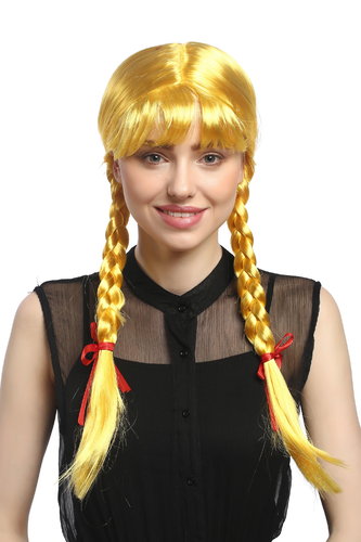Lady Party Wig Halloween Lolita schoolgirl long braided plaits with ribbons fringe yellow 23"