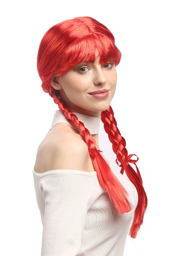 Lady Party Wig Halloween Lolita schoolgirl long braided plaits with ribbons fringe red 23"