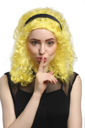 Lady Party Wig Halloween Fancy Dress 60s 70s funky yellow curls long with black hairband 16"