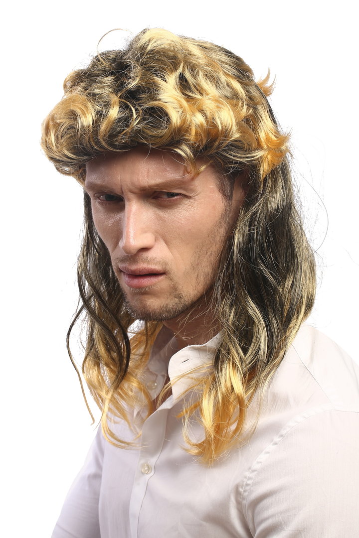 Party Wig for Ladies & Men Halloween mullet 80s black and gold blond  strands highlight curly