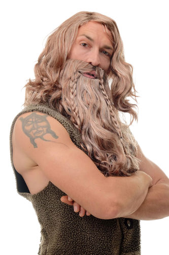 Man Fancy Dress Wig & Beard Set Viking Dwarf Barbarian Northman brown & grey mix wavy braided