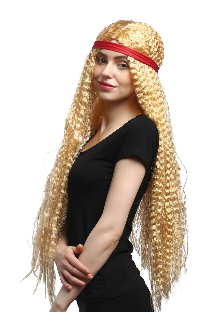 Lady Party Wig Fancy Dress insanely long blond hair kinked kinks  middle-parting headband Hippy 70s