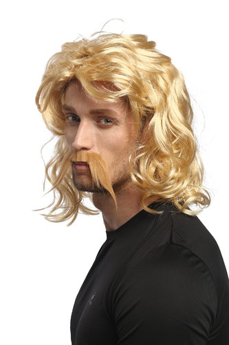 Man Gents Party Wig & Mustache Set Halloween Fancy Dress blond long wild Gaul Viking Norman Celt