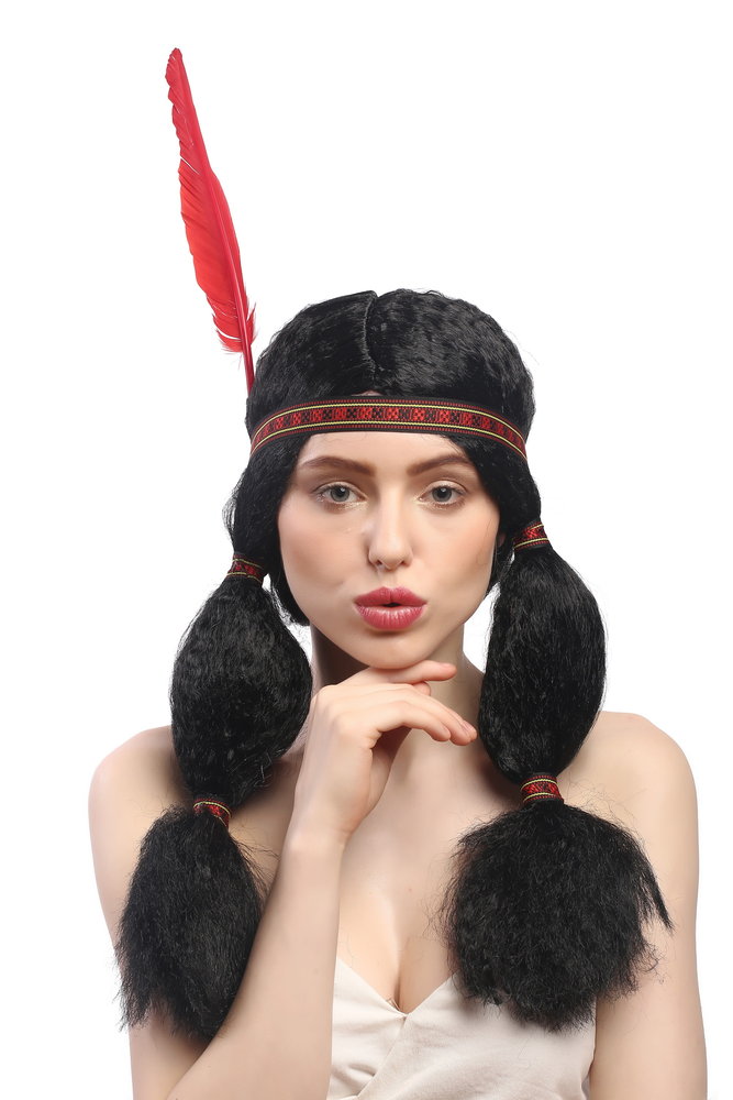 Plaited Native American Female Indian Fancy Dress Wig with Red Feather 