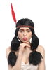 Lady Party Wig Fancy Dress Native American Apache Sioux Girl Maiden black 2 plaits headband feather