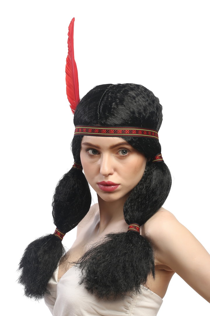 HeadBand & Feather. Indian Deluxe Long Black Fancy Dress Wig