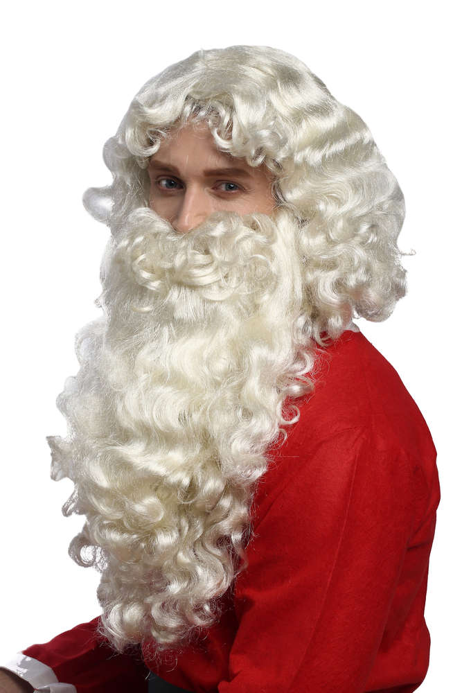 Santa Claus Deluxe Wig and Beard Set Full Synthetic Fiber White Christmas