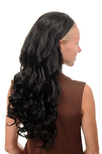 Halfwig Hairpiece Extension with black hair hoop extremely long wavy slight curls medium black 27"