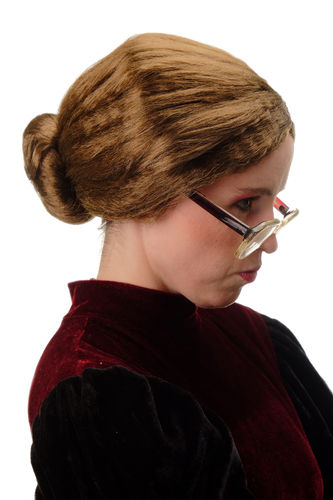 69020-P6 Wig Ladies Halloween Carnival strictly tied back hairbun Governess Granny brown