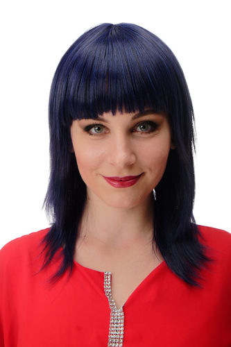 Quality Lady Wig sexy bangs shoulder length layered straight streaked dark blue purple 17"