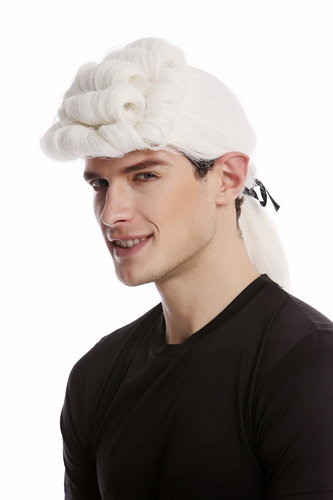 Wig Men Carnival Baroque Aristocrat Noble Lord Judge Court Poet white curled straight ponytail