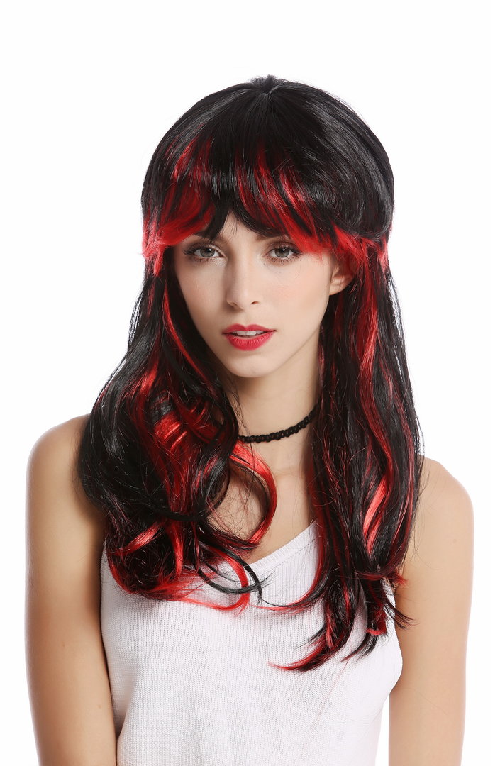 Wig Ladies Women long fringe black with red streaks highlights She-devil  demon vampire
