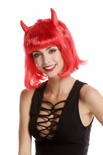 91421-ZA13 Wig Lady Women Halloween She-Devil Demon Devil Longbob Bob Horns red