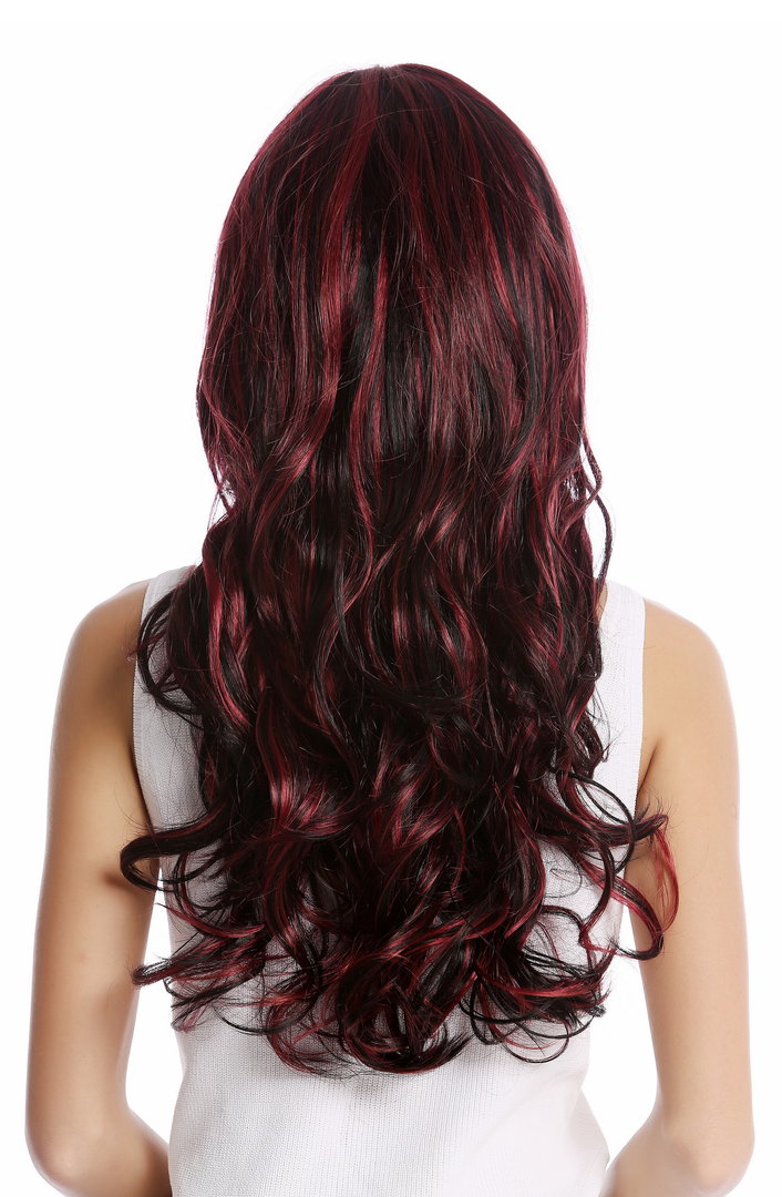 Lady Quality Wig long wavy slight curl bangs black streaked with burgundy  red highlights