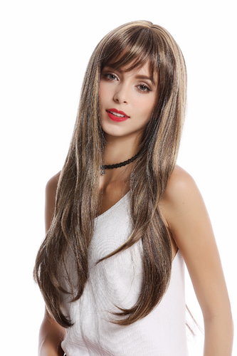 GF-W2087-8H124 Lady Quality Wig long straight bangs fringe brown with blond streaked highlights