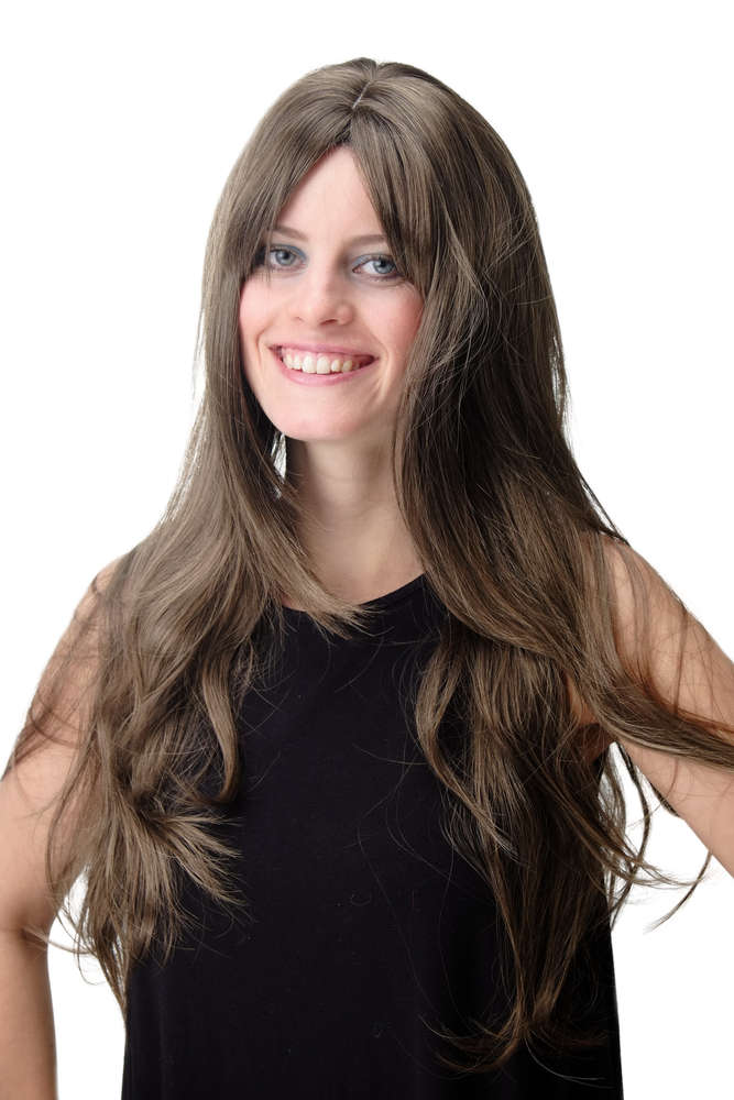 WIG ME UP ® - GFW09-6TTF2316 Lady Quality Wig long straight layered fringe  bangs dark brown mix with light brown streaked highlights