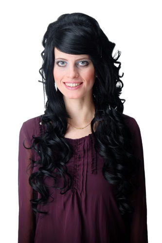 F2558-1 Lady Quality Wig elaborately styled very long parting straight curled tips deep black
