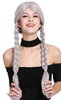 Lady Party Wig Fancy Dress grey gray long braided pigtails queues girly 90958-ZA68E