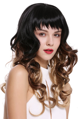 1002A-G1B-30-19 Lady Quality Wig Long Curls Bangs Fringe curled Ombre Black Brown Blond 22"