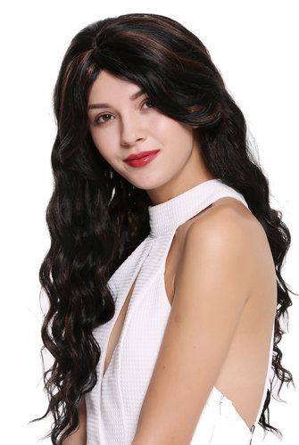DW-1649-1BH30 Lady Quality Wig Very Long Wavy Dense Full Black Streaked Copper Brown Highlights