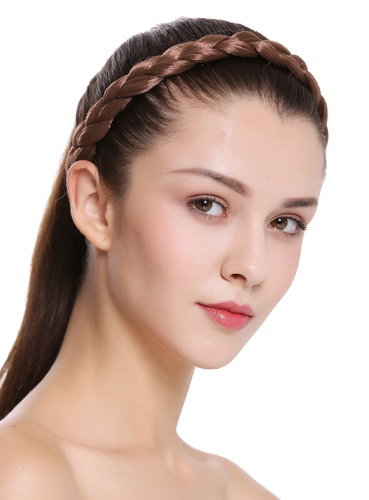 CXT-005-010 hair band hair loop Alice band plaited traditional 2 clips clip in 1 inch wide brown