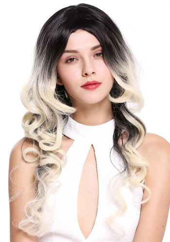 Extravagant Lady Quality Wig Diva long curled ombre mix black platinum blond middle parting