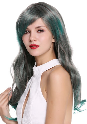 6083-1102TBD Lady Quality Wig Long Wavy Parting Gray Green Red Mix