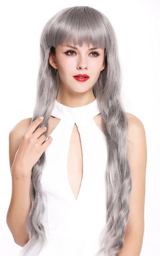 6039-701 Lady Quality Wig very long wide bangs fringe wavy light gray grey