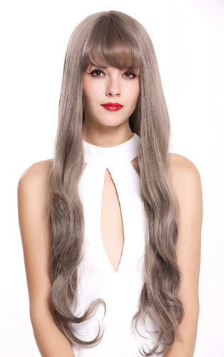Lady Quality Wig very long slightly wavy bangs fringe peculiar brown auburn silver gray mix