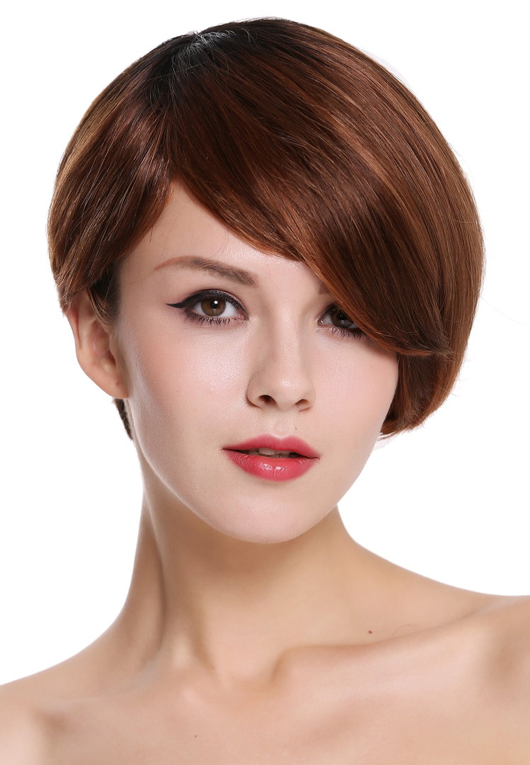 Quality women's wig human hair short parting sleek lady voluminous black  copper red highlights
