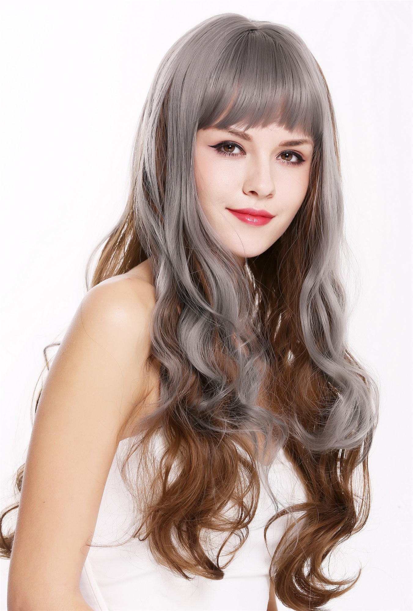 Quality Women S Wig Long Fringe Wavy Curly Balayage Highlights Grey Brown Lady Ms1725 10 10a