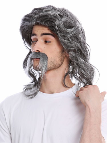 Man Gents Party Wig & Mustache Set gray mottled long wild Gaul Viking Norman Celt 70s Pimp Mullet