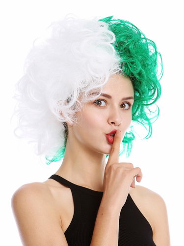 Lady Man Party Wig Evil Crazy Diva two-faced curly unruly mass of hair curled half white half green