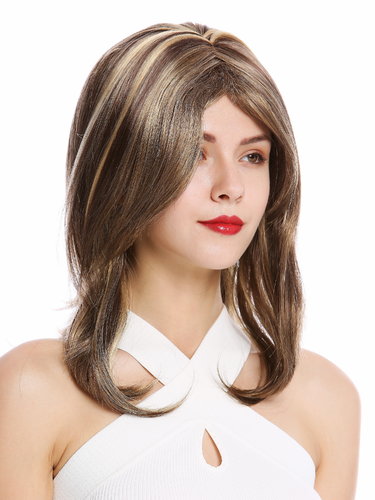 Lady Quality Wig shoulder-length short straight middle parting brown streaked blond highlights