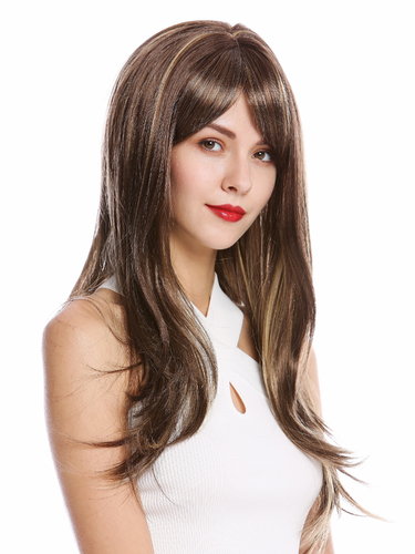 GFW2274-8H124 Lady Quality Wig Long Straight Bangs Fringe Brown Blond Streaks Highlights
