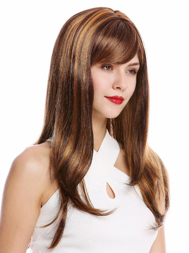 GFW2274-G74 Lady Quality Wig Long Straight Bangs Fringe Brown Mix Streaked Highlights