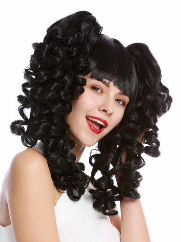 Lady Cosplay Quality Wig bob + 2 removable ponytails pigtails curled bangs ringlets black