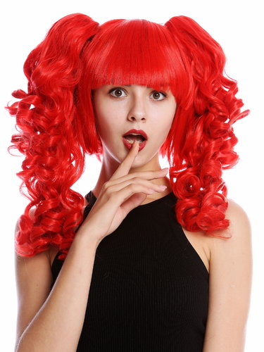Lady Cosplay Quality Wig bob + 2 removable ponytails pigtails curled bangs ringlets fiery red