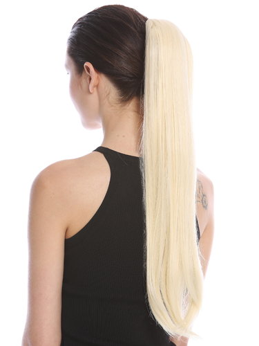 Hairpiece comb & ribbon wrap-around system pigtail very long 24 " straight smooth bright ashen blond