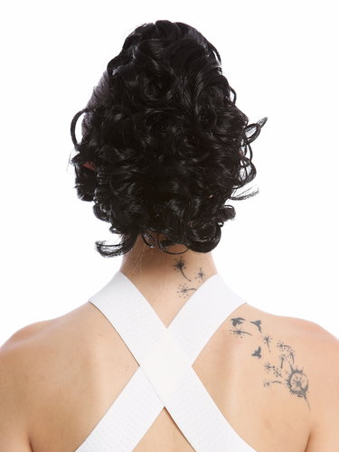 Ponytail Hairpiece Extensions optional Combs & Clamp short voluminous curled black 10" MKB-22-V-1