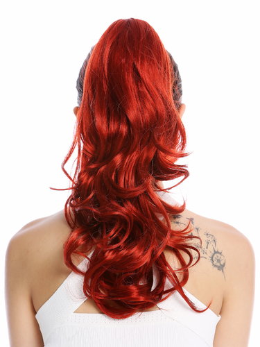 Ponytail Hairpiece Extensions optional Combs & Clamp long wavy slightly curled bright red 17"