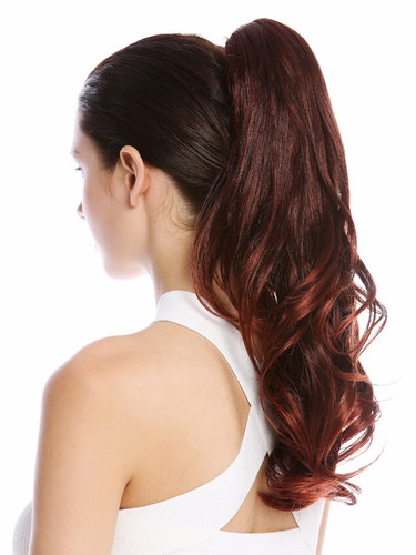 Ponytail Hairpiece optional Combs & Clamp long wavy curled black streaked red highlights 17"
