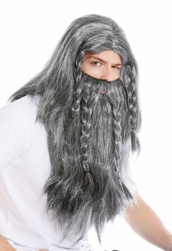 wig & beard viking barbarian Teuton germanic people grey black white  mottled old long plaited