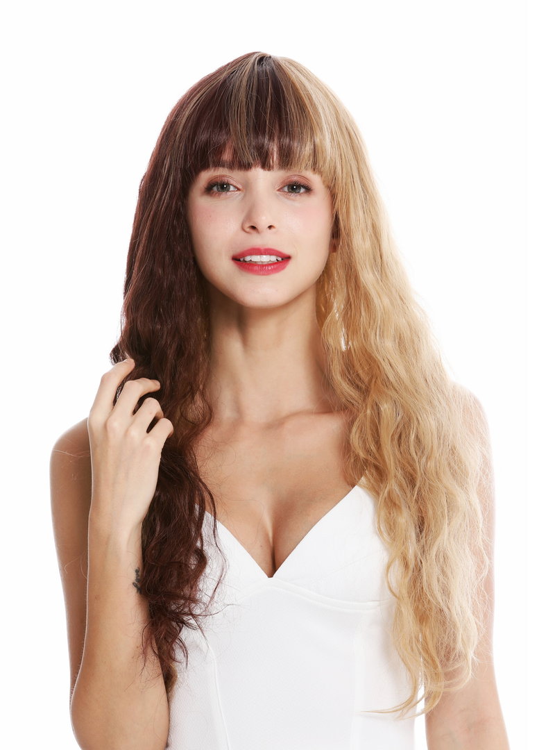women's quality wig long fringe wavy blonde brown half half highlights emo  goth GFW2644