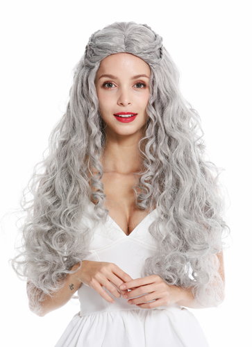 wig very long wavy elaborately plaited middle parting romantic fairytale princess hippie grey