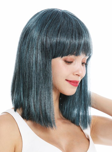 VK-10-F1BSPBLUE quality wig shoulder length long bob sleek Cleopatra fringe black blue highlights