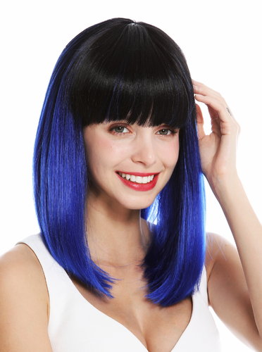 VK-2-F22YS1B quality women's wig shoulder length sleek fringe vamp ombre mix black blue