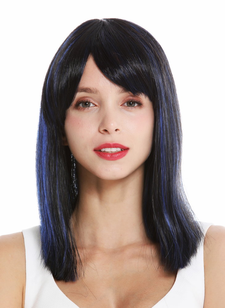 VK-5-1BHF22 quality wig shoulder length sleek longe fringe parted black  highlights blue highlights